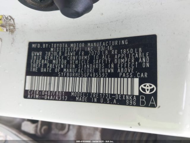 5YFBURHE5GP485592 Toyota COROLLA LE