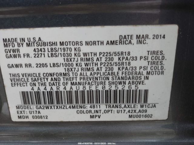 4A4AR4AU8EE025265 Mitsubishi Outlander Sport Se