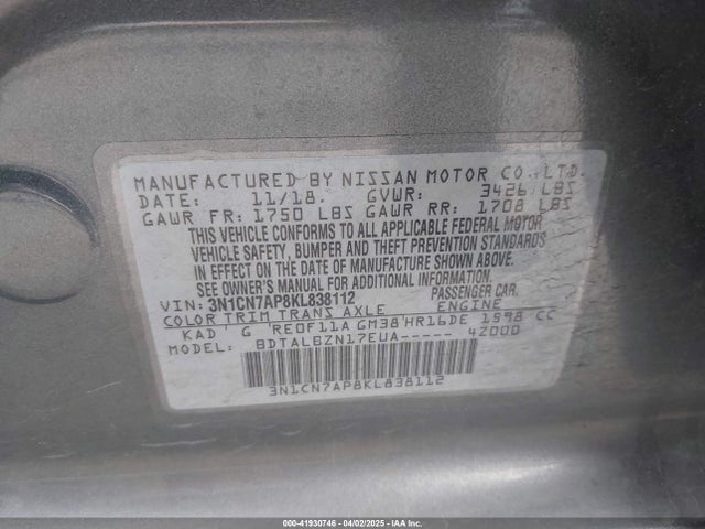 3N1CN7AP8KL838112 Nissan Versa 1.6 Sv
