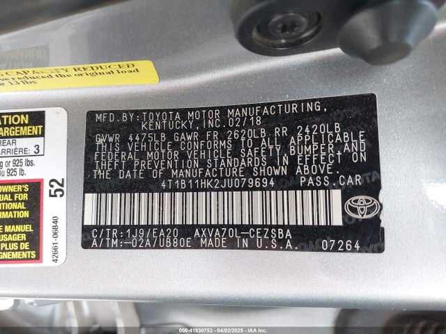 4T1B11HK2JU079694 Toyota CAMRY SE