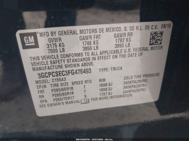 3GCPCSEC3FG476493 Chevrolet Silverado 1500 1lz