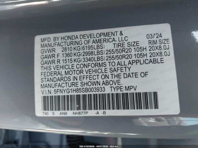 5FNYG1H85SB003933 Honda Pilot Elite
