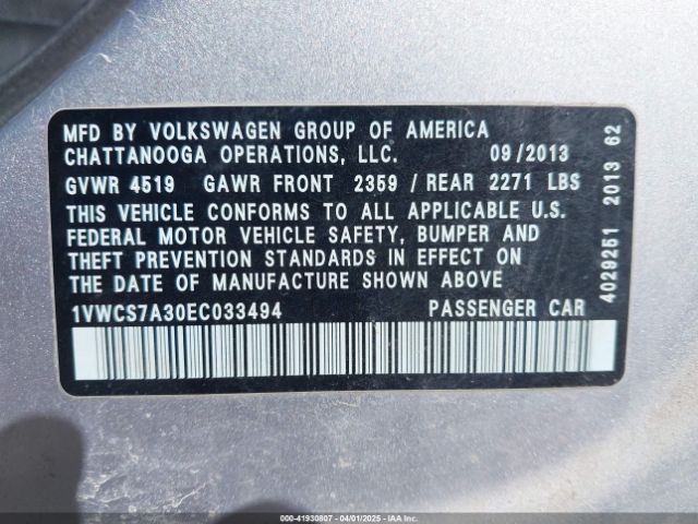 1VWCS7A30EC033494 Volkswagen Passat 1.8t Sel Premium