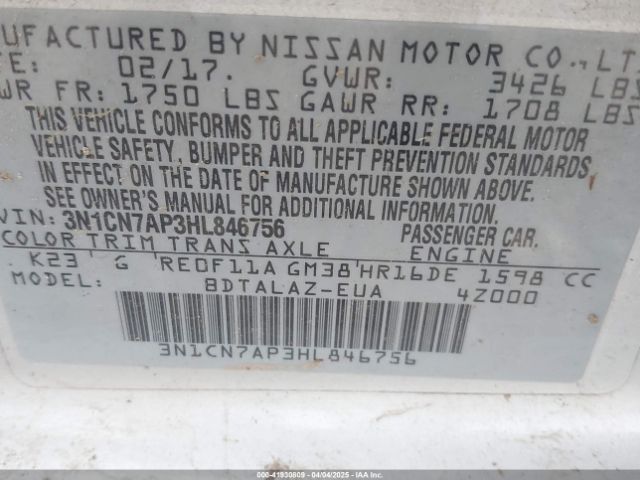 3N1CN7AP3HL846756 Nissan Versa 1.6 S+