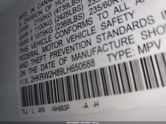 2HKRW2H89LH650688 Honda Cr-v Awd Ex-l