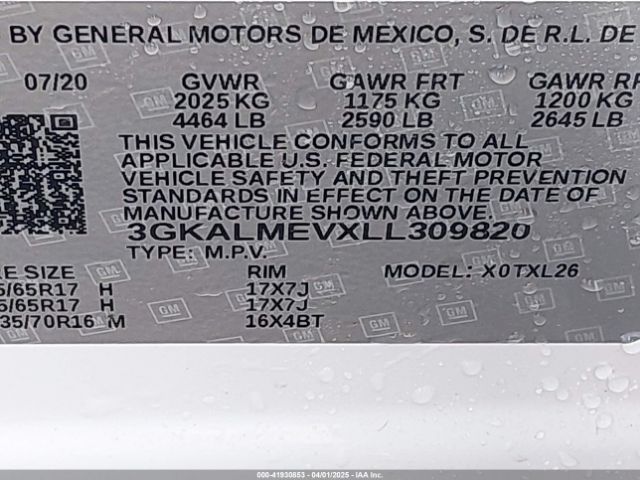 3GKALMEVXLL309820 GMC Terrain Fwd Sle