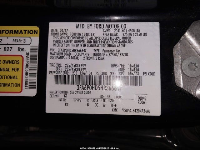 Ford FUSION SE 2017 3FA6P0HD5HR366647 Image 9