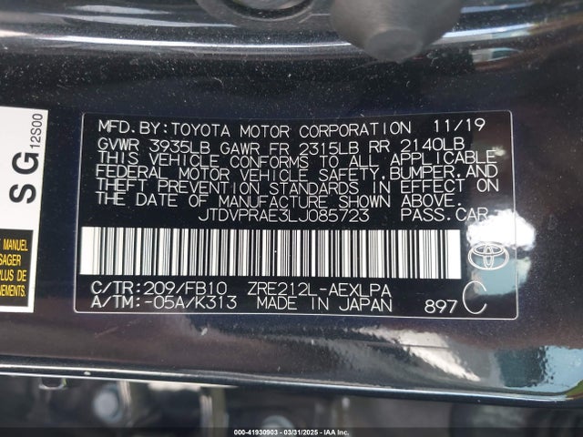 JTDVPRAE3LJ085723 Toyota COROLLA LE