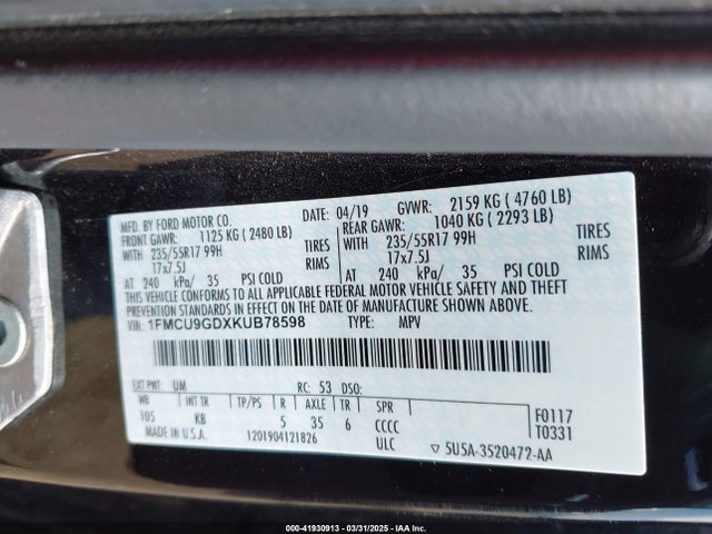1FMCU9GDXKUB78598 Ford ESCAPE SE