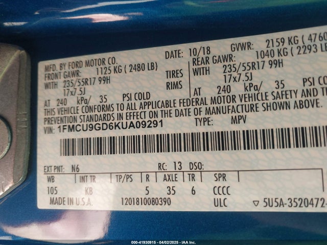 1FMCU9GD6KUA09291 Ford ESCAPE SE