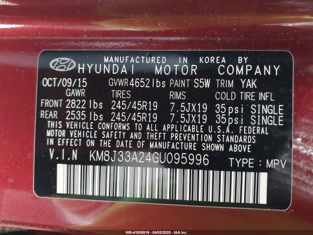 KM8J33A24GU095996 Hyundai Tucson Sport