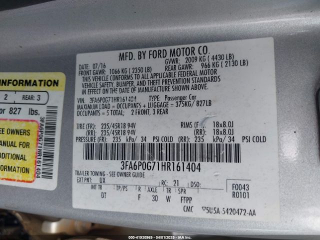 3FA6P0G71HR161404 Ford FUSION S