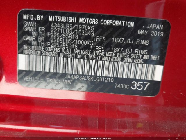 2019 MITSUBISHI OUTLANDER SPORT JA4AP3AU9KU031210 Photo 8