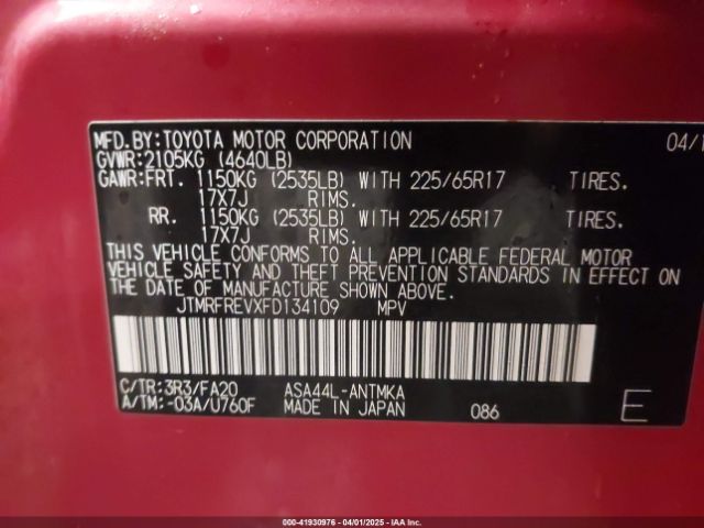JTMRFREVXFD134109 Toyota Rav4 Xle