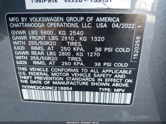 1V2WE2CA3NC218854 Volkswagen Atlas Cross Sport 3.6l V6 Se W/technology