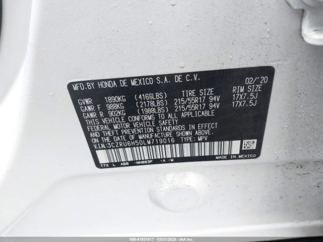 3CZRU6H50LM719016 Honda Hr-v Awd Ex