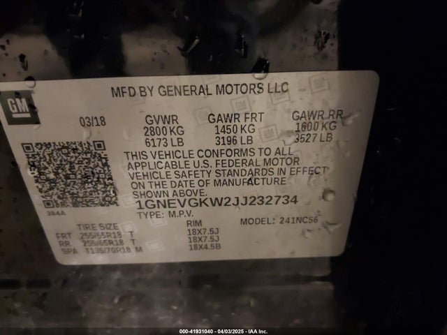 1GNEVGKW2JJ232734 Chevrolet Traverse 1lt