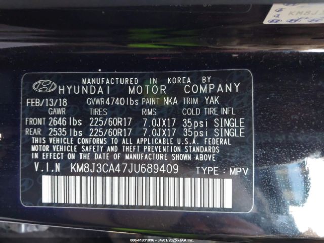 KM8J3CA47JU689409 Hyundai Tucson Sel Plus