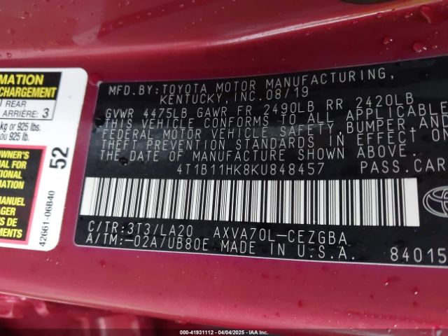 4T1B11HK8KU848457 Toyota CAMRY XLE