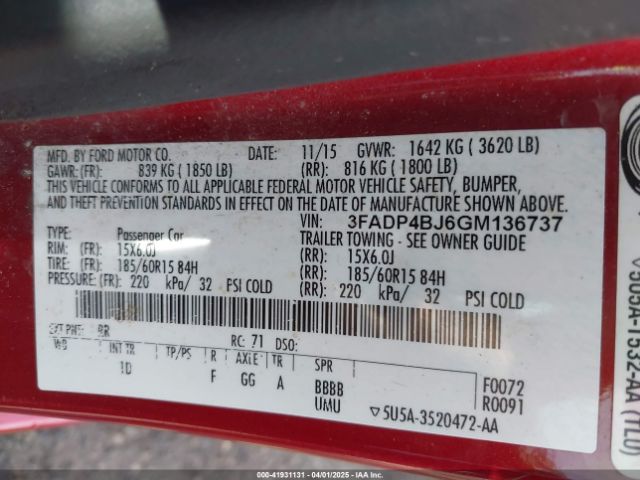 3FADP4BJ6GM136737 Ford FIESTA SE