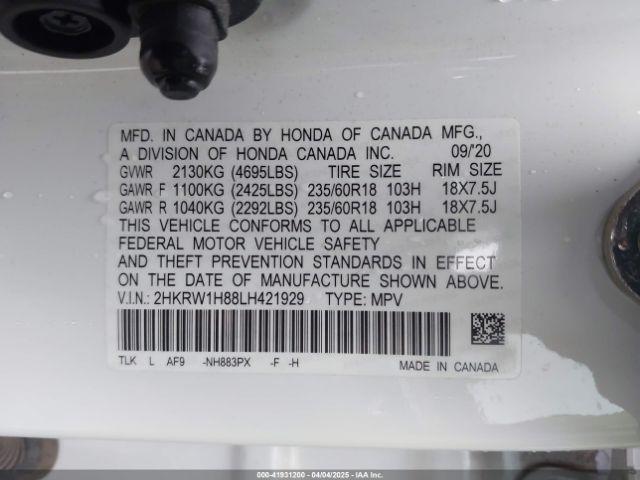 2HKRW1H88LH421929 Honda Cr-v 2wd Ex-l