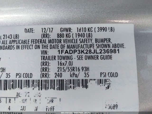 1FADP3K28JL236981 Ford FOCUS SE