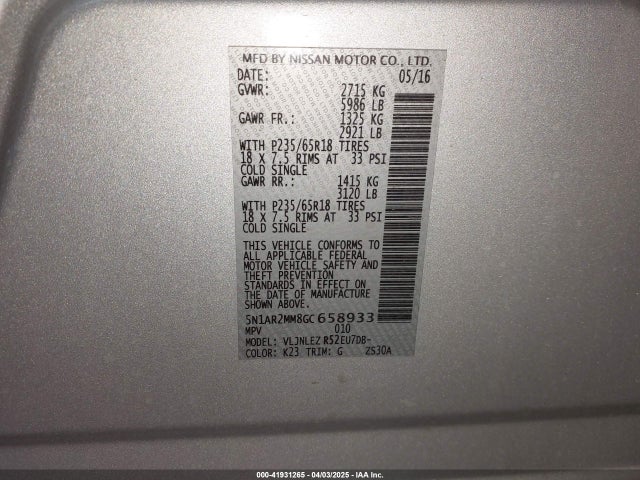 5N1AR2MM8GC658933 Nissan Pathfinder Sv