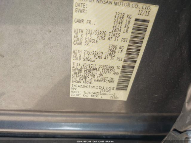 5N1AZ2MG5GN101105 Nissan Murano Platinum