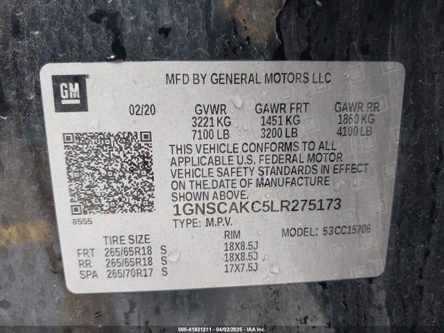 1GNSCAKC5LR275173 Chevrolet l83 - spark ignited direct injection, variable valve timing, afm, e85 max, alum