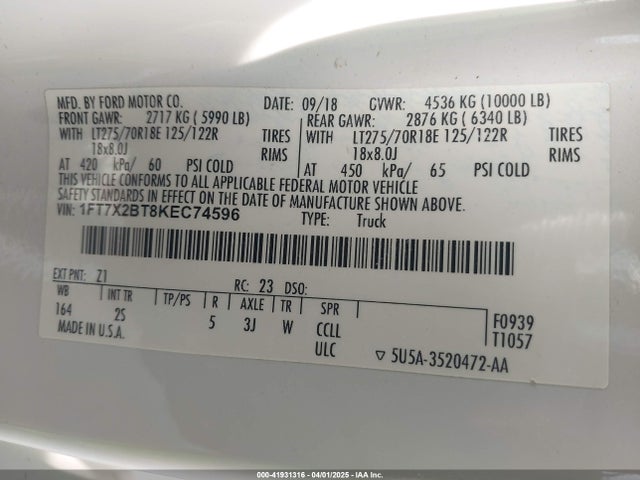 Продаж на аукціоні авто 2019 Ford F-250 Xlt, vin: 1FT7X2BT8KEC74596, номер лоту: 41931316