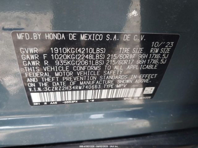 3CZRZ2H34RM740663 Honda Hr-v Awd Lx