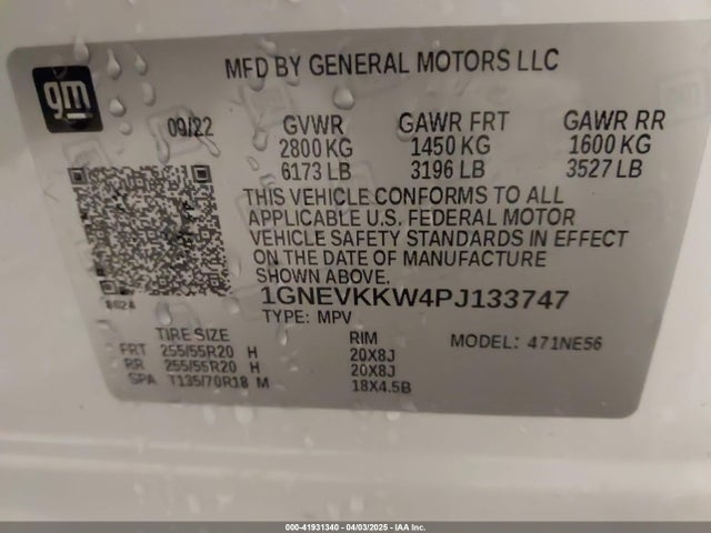 1GNEVKKW4PJ133747 Chevrolet Traverse Awd Premier