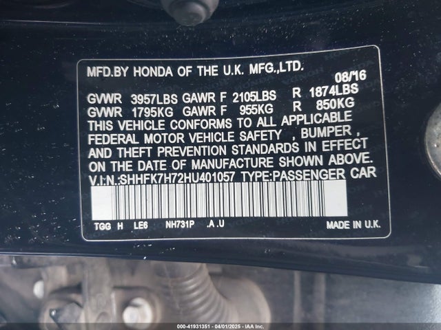 SHHFK7H72HU401057 Honda Civic Ex-l