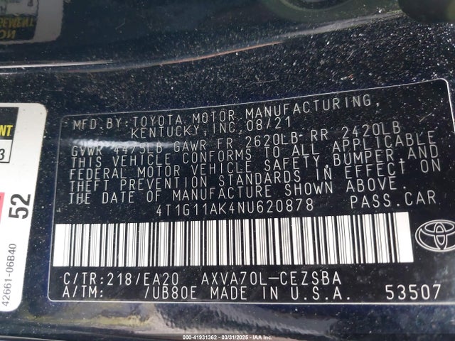 4T1G11AK4NU620878 Toyota CAMRY SE
