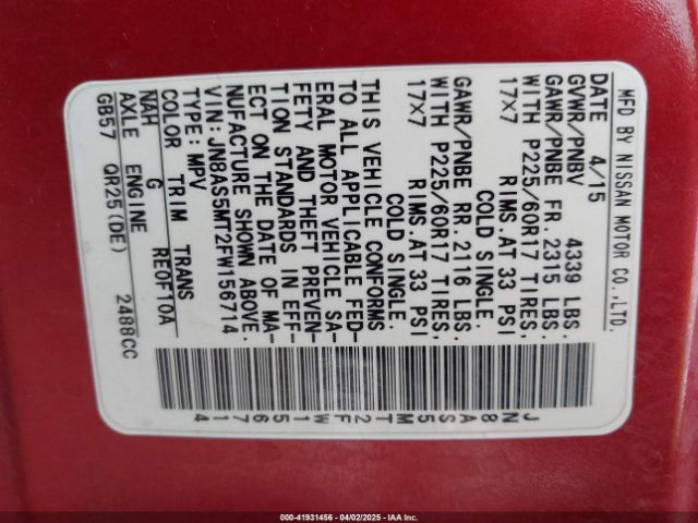 JN8AS5MT2FW156714 Nissan Rogue Select S