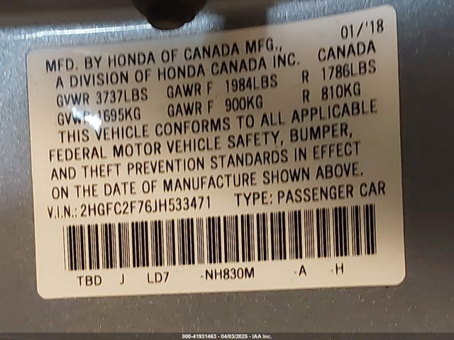 Honda CIVIC EX 2018 2HGFC2F76JH533471 Image 9