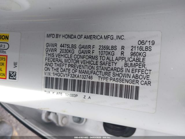 1HGCV1F32KA132746 Honda Accord Sport
