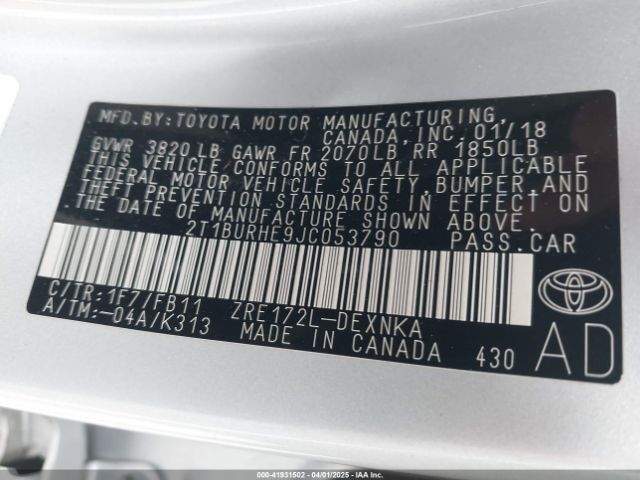 2T1BURHE9JC053790 Toyota COROLLA LE