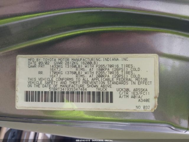 2003 TOYOTA TUNDRA 5TBRT34193S347484 Photo 8
