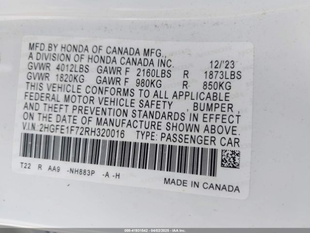 2HGFE1F72RH320016 Honda CIVIC EX
