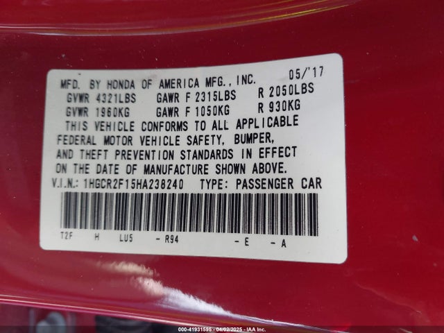 1HGCR2F15HA238240 Honda k24w1