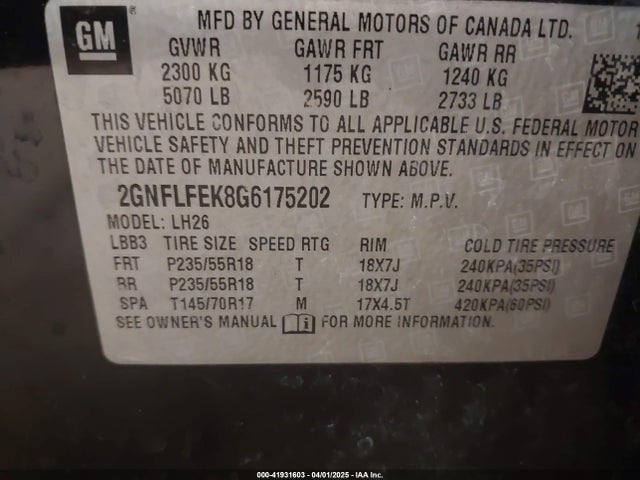 2GNFLFEK8G6175202 Chevrolet EQUINOX LT