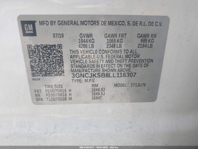 3GNCJKSB8LL116307 Chevrolet Trax Fwd Ls