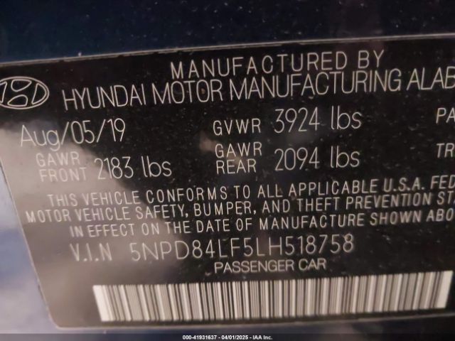 5NPD84LF5LH518758 Hyundai ELANTRA SEL