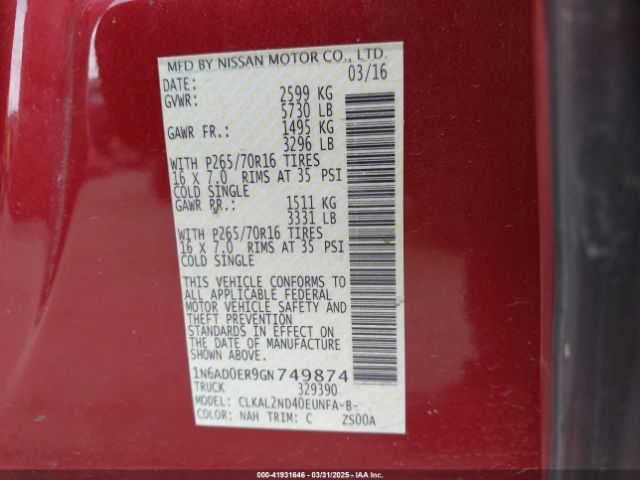 1N6AD0ER9GN749874 Nissan Frontier Sv