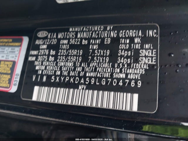 5XYPKDA59LG704769 KIA Sorento 3.3l Sx