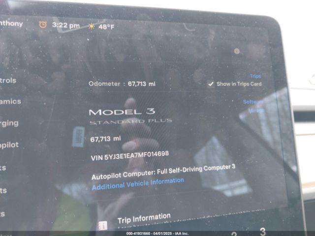 5YJ3E1EA7MF014698 Tesla Model 3 Standard Range Plus Rear-wheel Drive