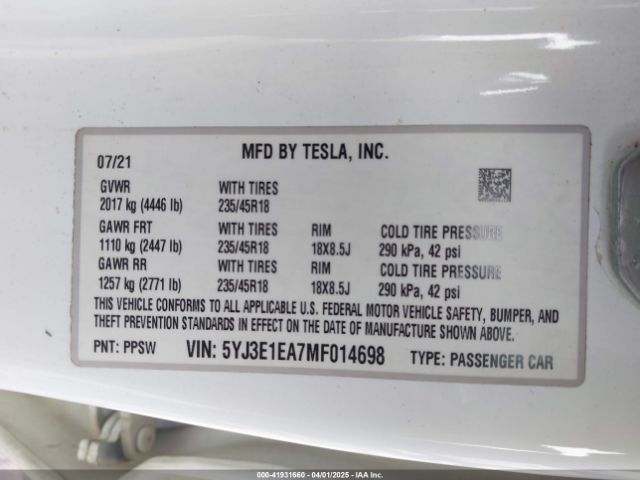 5YJ3E1EA7MF014698 Tesla Model 3 Standard Range Plus Rear-wheel Drive