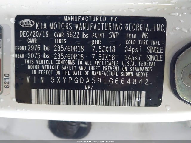 5XYPGDA59LG664842 KIA Sorento 3.3l Lx
