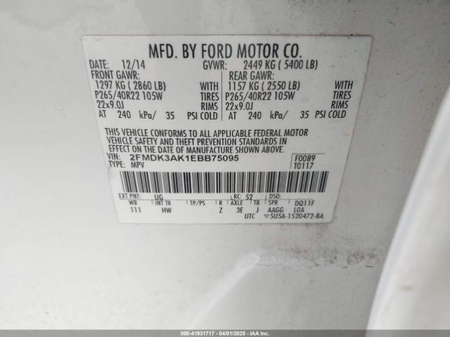 2FMDK3AK1EBB75095 Ford EDGE SPORT